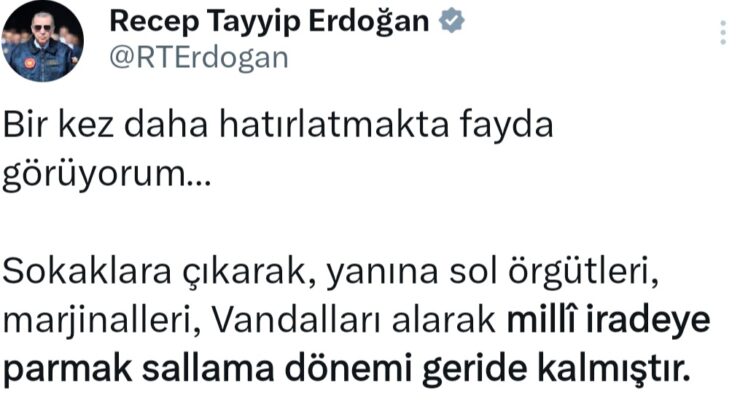 Cumhurbaşkanı Erdoğan “millî iradeye parmak sallama dönemi geride kalmıştır”